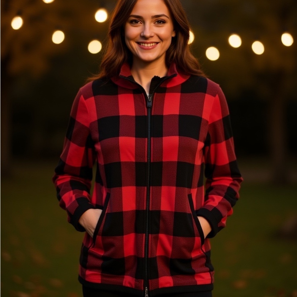 Adrienne Vittadini Red and Black Checkered Cardigan